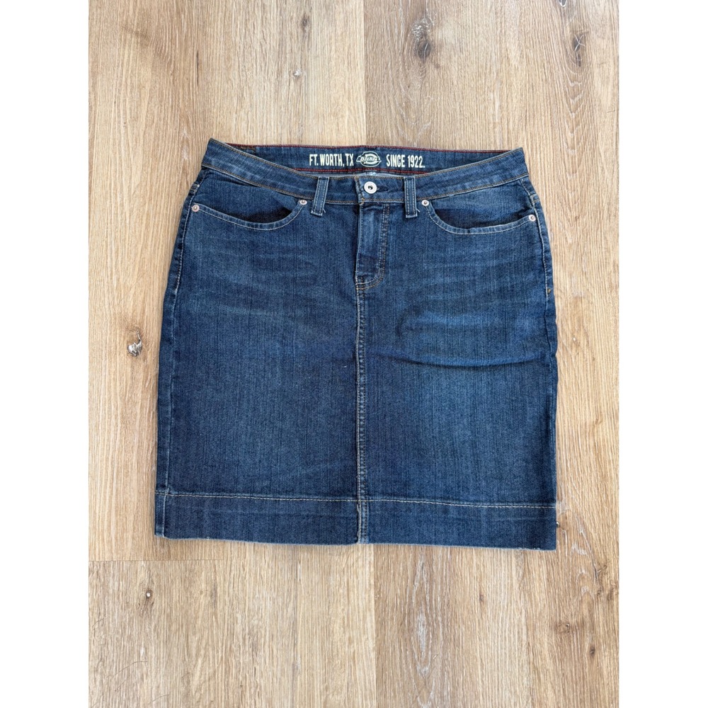 Dickies Denim Mini Skirt Women 8 Blue Dark Wash Stretch Utility Y2K Skater Indie